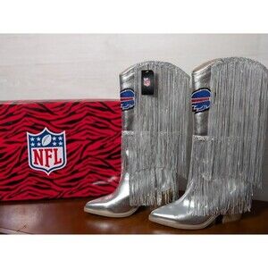 NEW Rare Buffalo Bills NFL Womens 10 Silver Metallic Fringe Western Boots Sequin